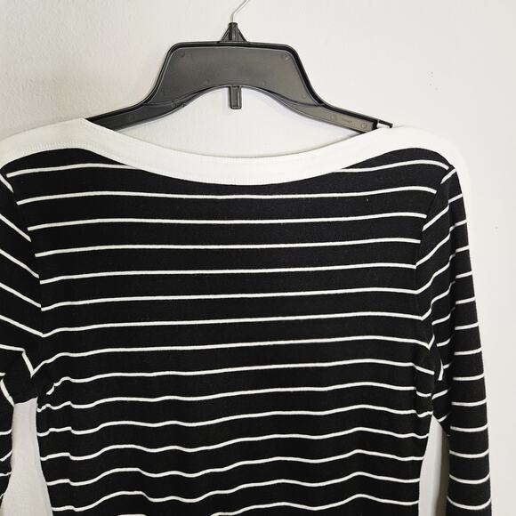 Chaps Womens' 3/4 Sleeve Black White Stripe Knit Top Laced Accent Sleeve Size M - Picture 5 of 7